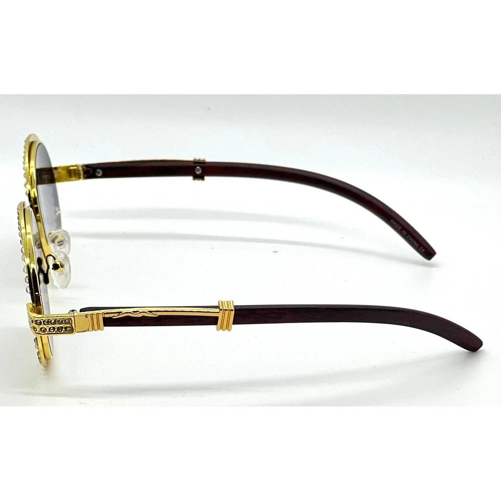 Rhinestone Sunglasses ‎ Gold Wood Tone Accents Men Black Gradient Lens Classic